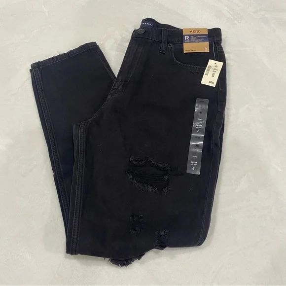 AERO NWT Women’s High-Rise Distressed Mom Jeans - black, size 8 - Picture 7 of 13